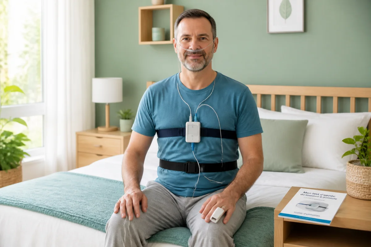 Adulte équipé de capteurs pour un test d’apnée du sommeil à domicile dans une chambre lumineuse et confortable