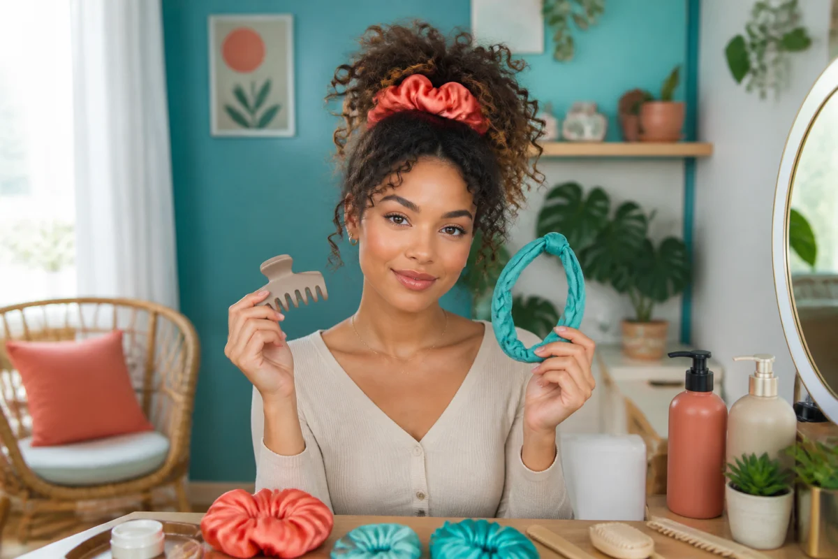 Personne aux cheveux bouclés utilisant des accessoires beauté pour cheveux, dont un chouchou satin corail et une pince douce