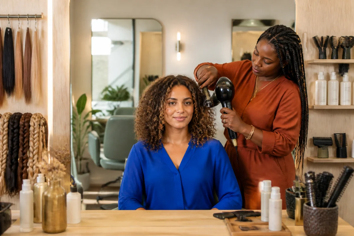 Aissa Coiffure Brest : coiffeuse définissant les boucles d’une cliente dans un salon moderne et chaleureux