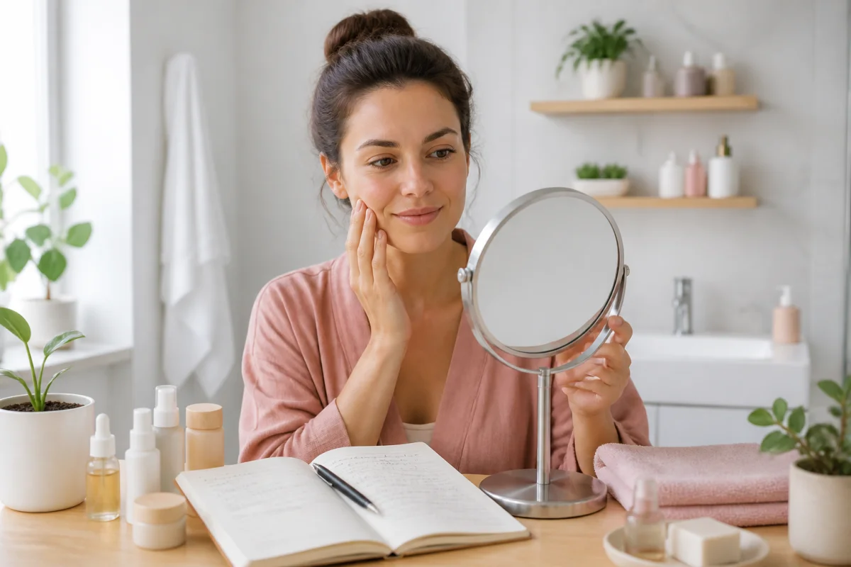 Amazing Beauty : femme observant sa peau dans un miroir et notant sa routine de soins dans un carnet.