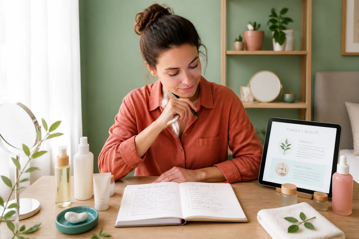 Femme consultant un carnet de routine beauté Amazing Beauty, entourée de soins et d’une tablette informative