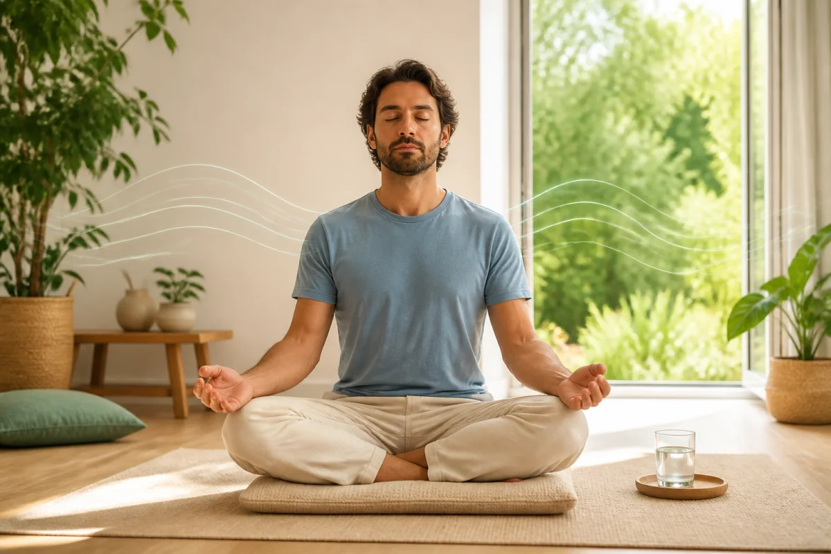 Personne méditant sereinement chez elle, illustrant les bienfaits d’un anti stress naturel par la respiration consciente