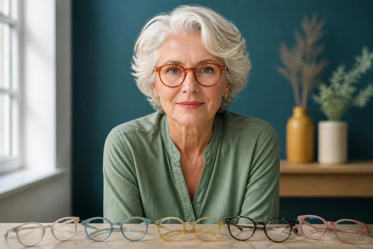 Personne aux cheveux blancs portant des lunettes terracotta, entourée de montures colorées pour choisir la teinte idéale.