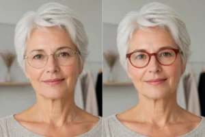 Quelle couleur de lunettes avec des cheveux blancs : comparaison entre monture métallique neutre et monture chaude colorée
