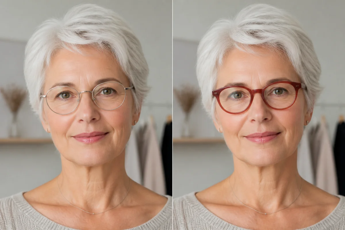 Quelle couleur de lunettes avec des cheveux blancs : comparaison entre monture métallique neutre et monture chaude colorée