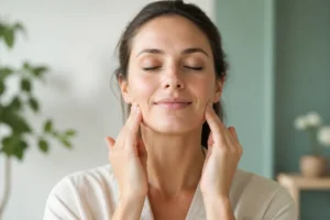 Personne massant doucement sa mâchoire et ses tempes pour détendre naturellement les muscles du visage