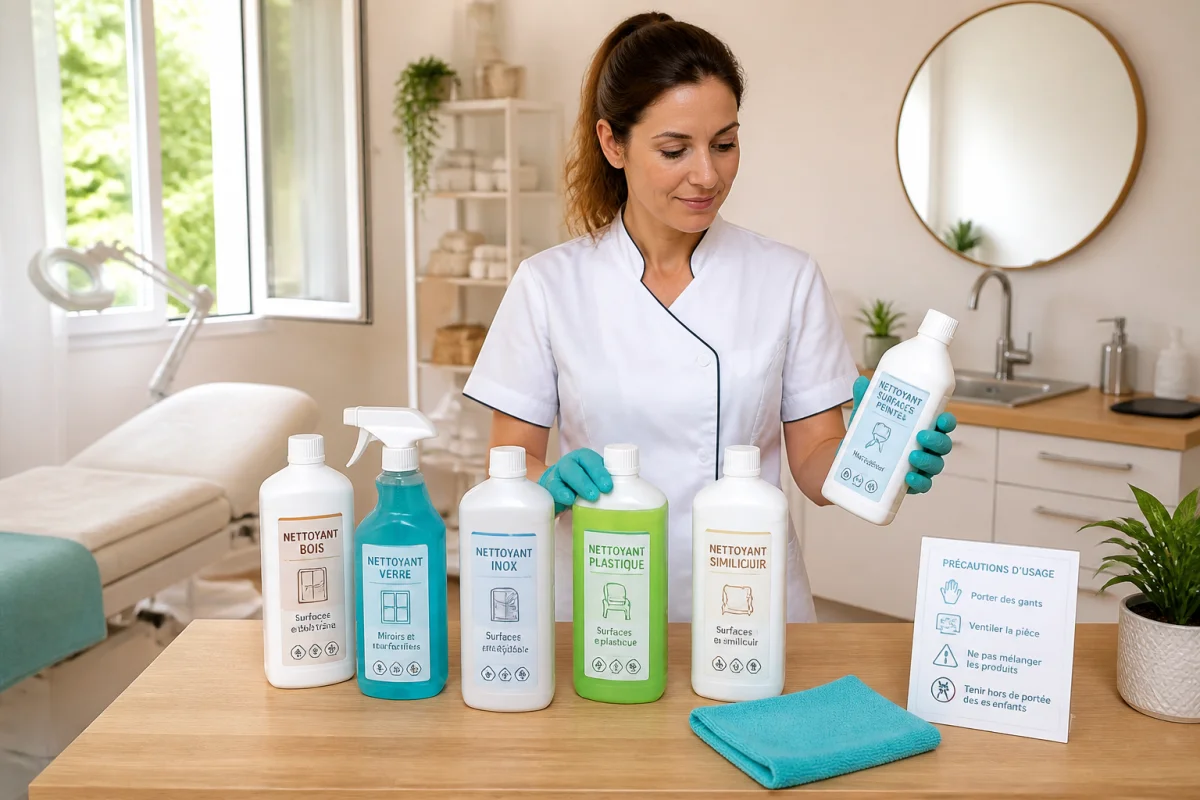 Professionnelle d’un institut de beauté choisissant des produits d’entretien adaptés aux surfaces en bois, verre, inox et similicuir
