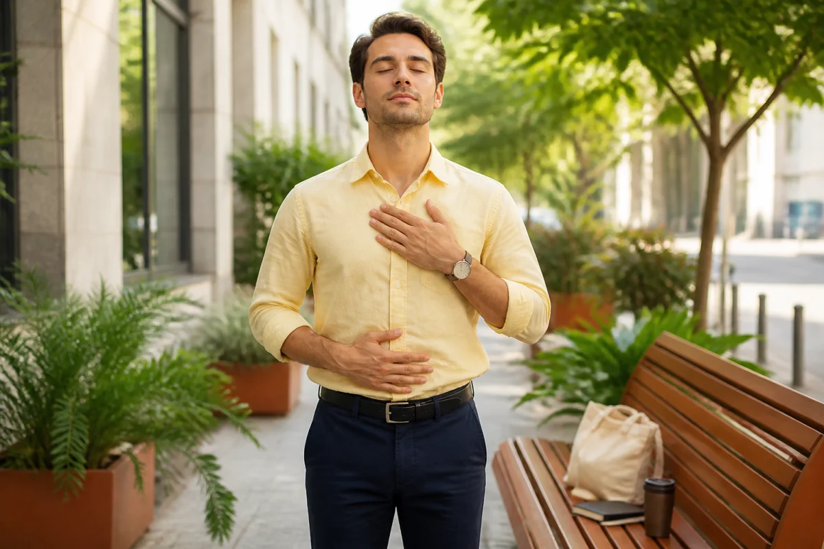 Personne active pratiquant une respiration consciente, illustration de la gestion du stress au quotidien entre deux obligations professionnelles