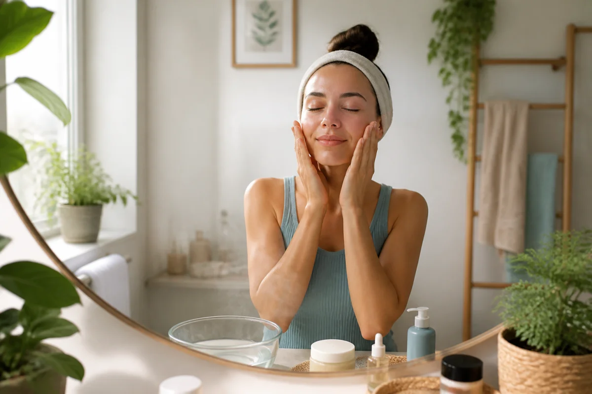 Gestion du stress au quotidien : personne apaisée prenant soin de son visage dans une salle de bain lumineuse.