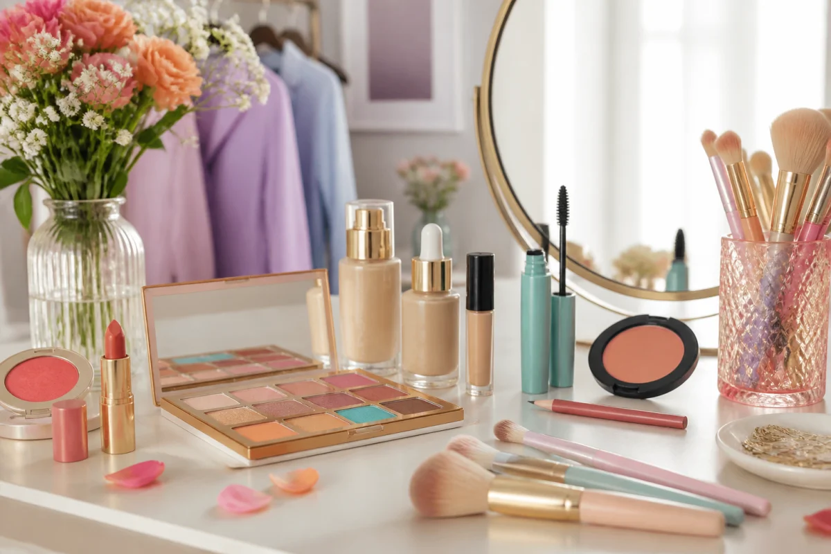 Produits Golden Rose Maquillage disposés sur une coiffeuse lumineuse pour créer une routine beauté complète