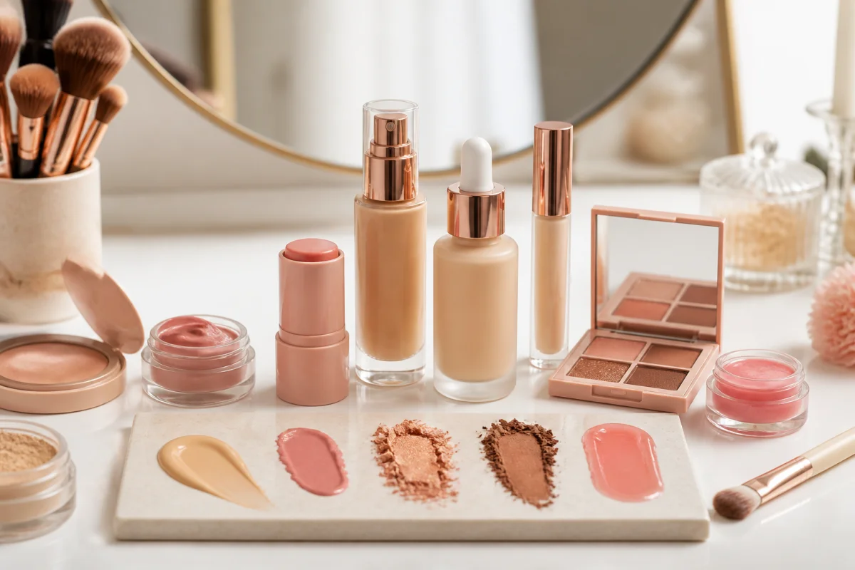 Golden Rose Maquillage présenté dans une routine beauté avec textures crème, liquide et poudre, pinceaux et accessoires élégants