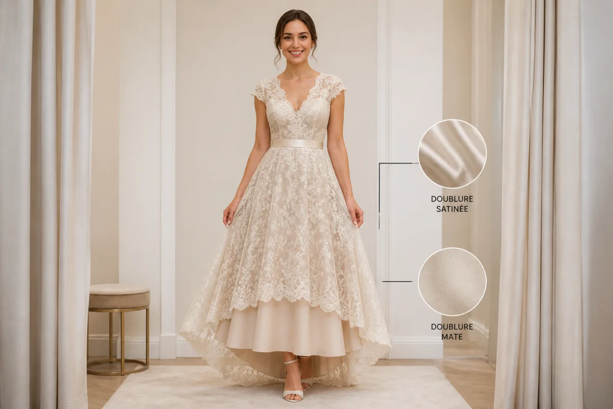 Robe en dentelle portée avec un jupon pour robe transparente, comparant doublure satinée brillante et finition mate
