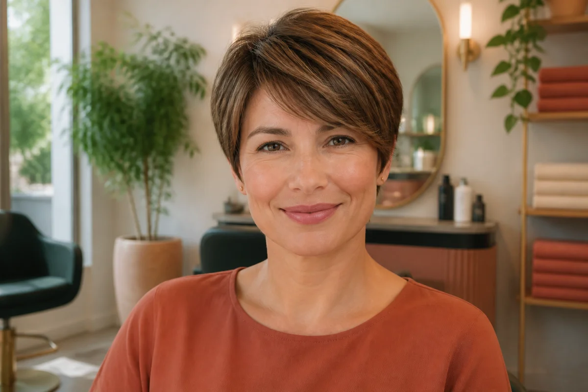 Md Studio Coiffure présente une coupe moderne et facile à entretenir dans un salon lumineux et chaleureux.