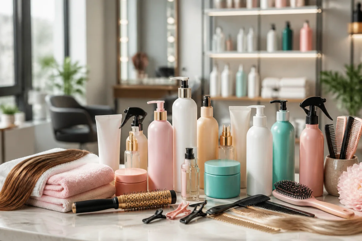 Produits capillaires et accessoires professionnels présentés dans le salon lumineux de Md Studio Coiffure