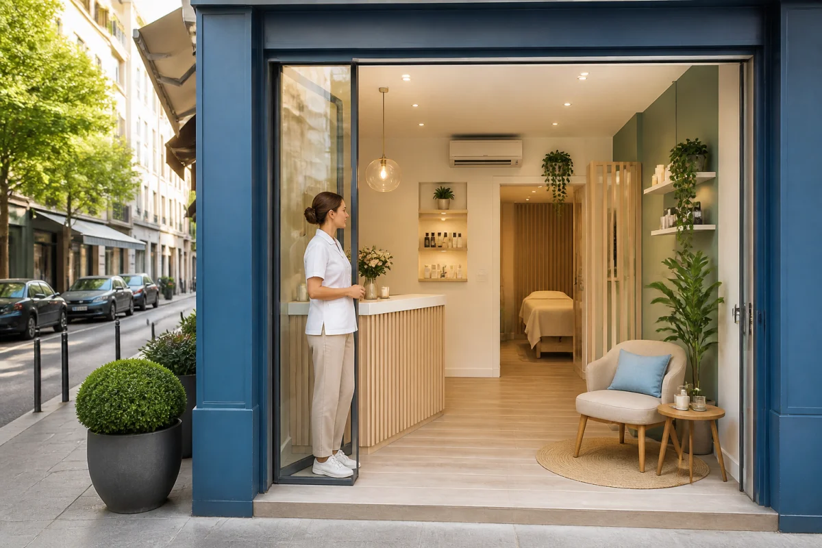 Façade accueillante d’un institut de beauté indépendant, avec espace d’accueil lumineux et cabine de soins visible