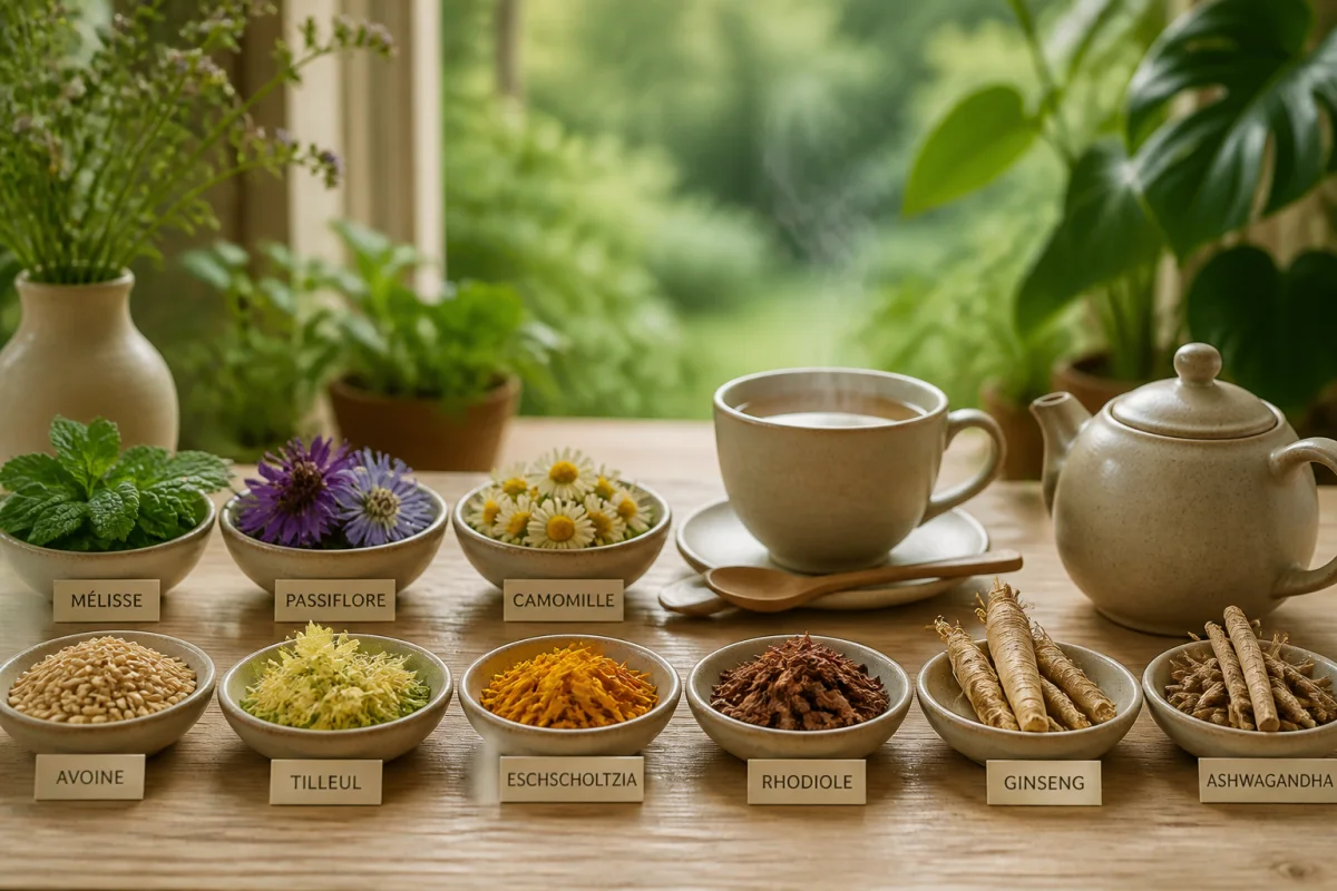 Sélection de plantes apaisantes pour un anti stress naturel, avec infusion fumante sur table en bois clair.
