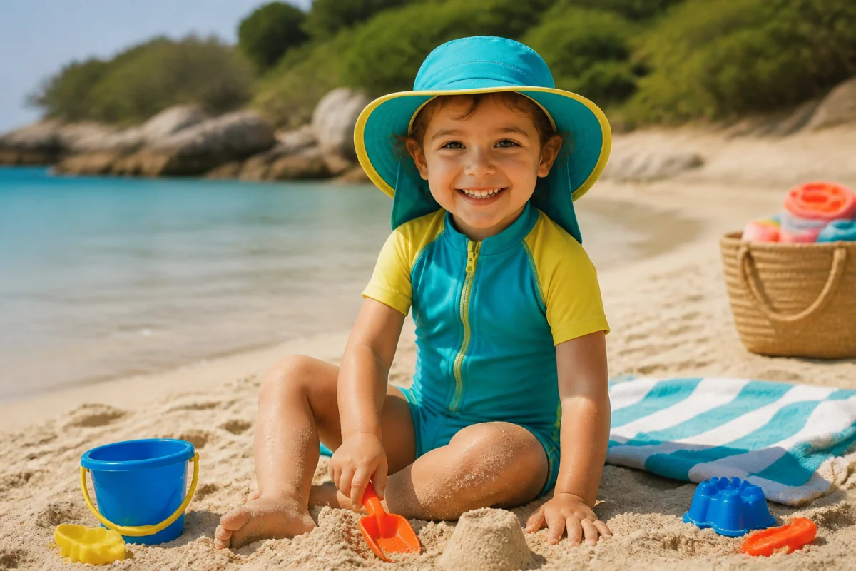 Enfant en maillot anti-UV et chapeau jouant sur la plage, illustrant comment protéger la peau des enfants en été