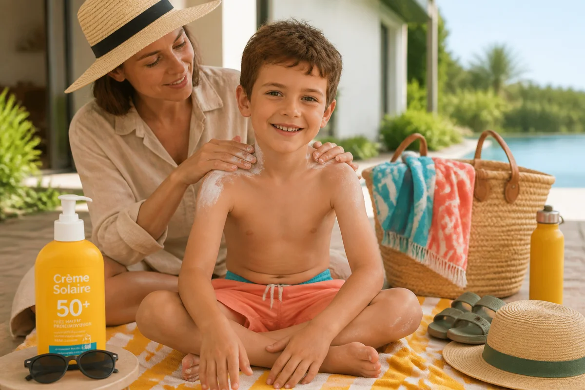 Parent appliquant généreusement de la crème solaire sur les épaules, oreilles et nuque d’un enfant avant une sortie estivale