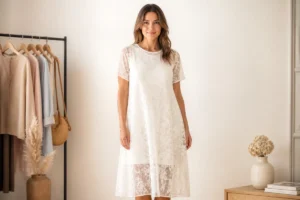 Que mettre sous une robe transparente : femme portant une robe blanche avec un fond de robe opaque et élégant.