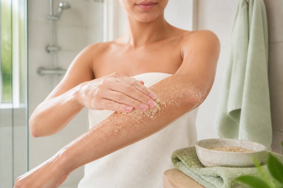 Personne appliquant une recette de gommage corporel maison sur son avant-bras humide dans une salle de bain lumineuse