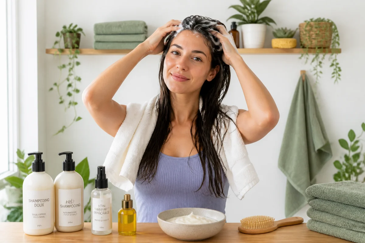Rituel beauté naturel visage et cheveux avec massage du cuir chevelu, soins capillaires et accessoires écologiques en salle de bain lumineuse