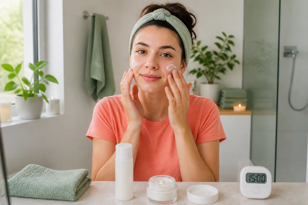 Routine bien-être avant une soirée : jeune adulte appliquant une crème hydratante devant le miroir