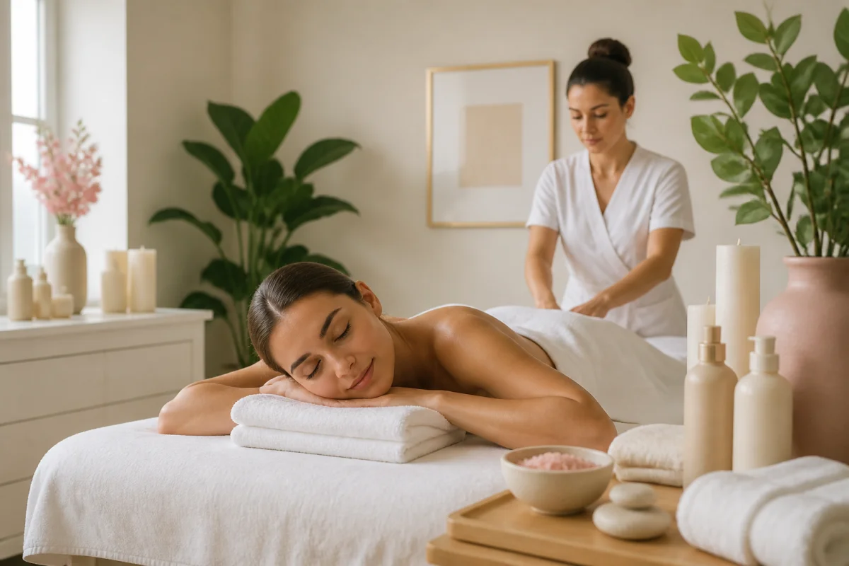 Routine bien-être avant une soirée dans un institut de beauté, avec femme détendue recevant un soin relaxant