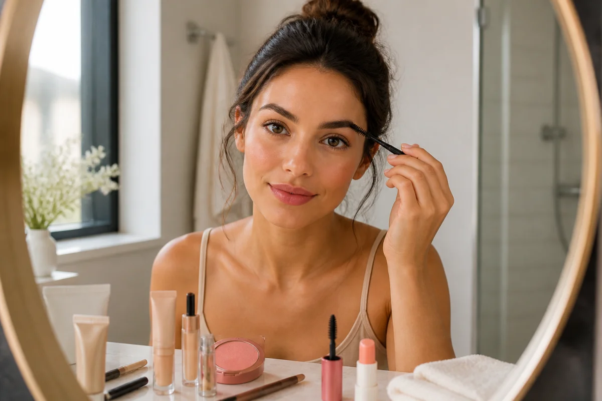 Jeune femme réalisant une routine maquillage naturelle devant un miroir, avec produits de beauté et teint frais