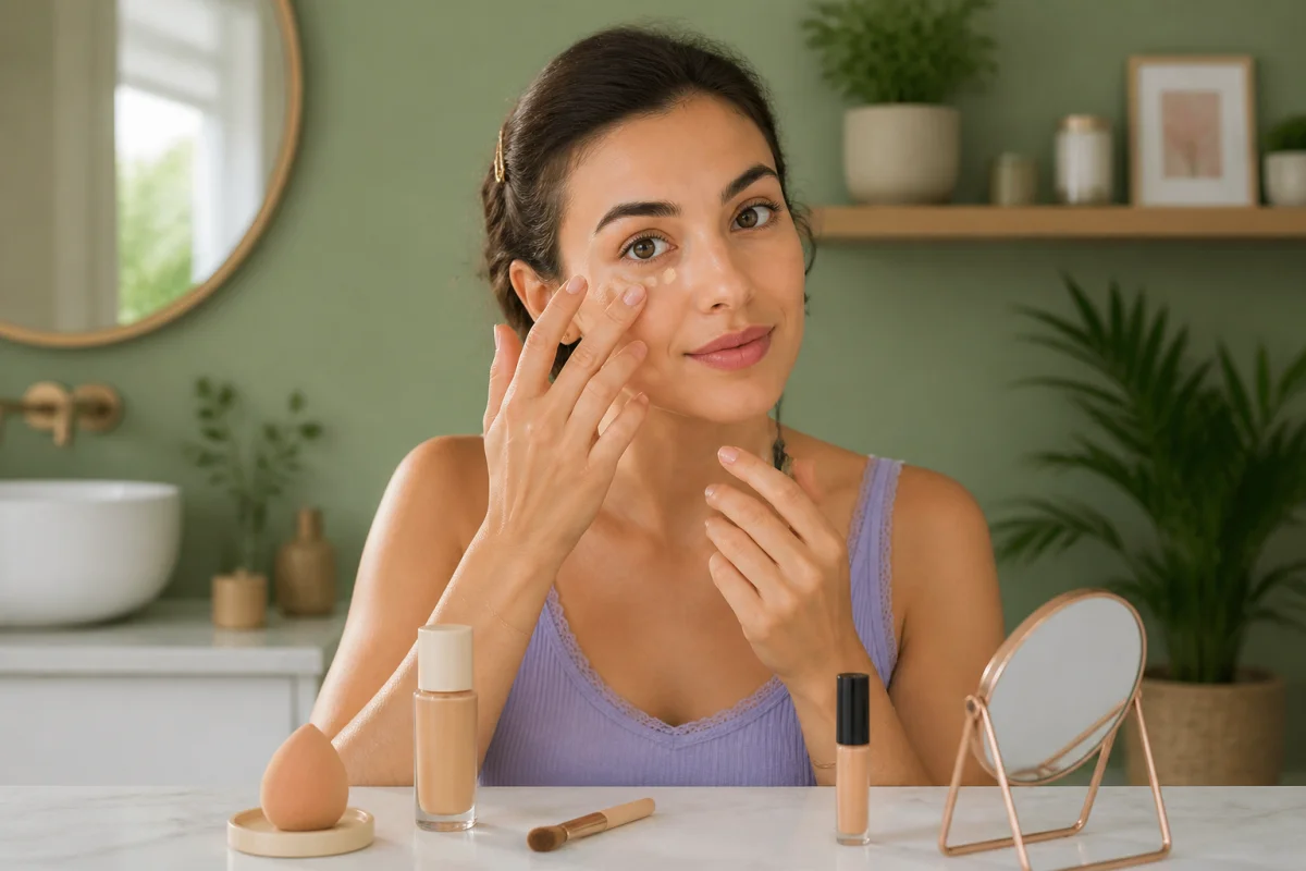 Jeune femme appliquant une routine maquillage naturelle, crème teintée et correcteur dans une salle de bain lumineuse