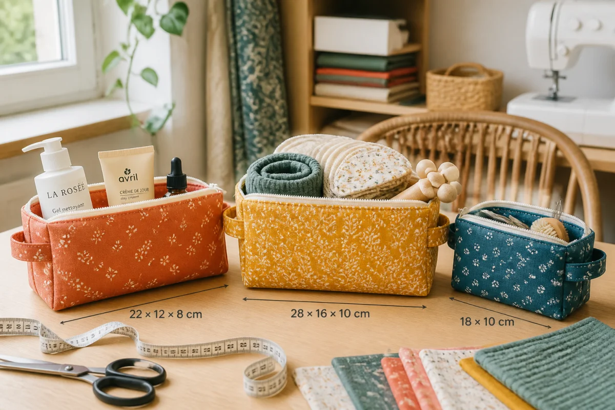 Trois sacs de soins en tissu faits main, colorés et durables, présentés avec accessoires de soin dans un atelier lumineux