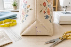 Sac de soins en tissu aplati, repère tracé à 4 cm, coutures alignées et outils de couture sur table.