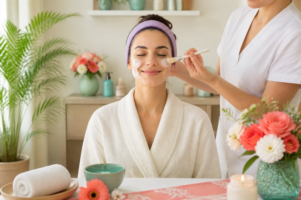 Future mariée recevant un soin beauté avant mariage dans une cabine esthétique lumineuse et apaisante