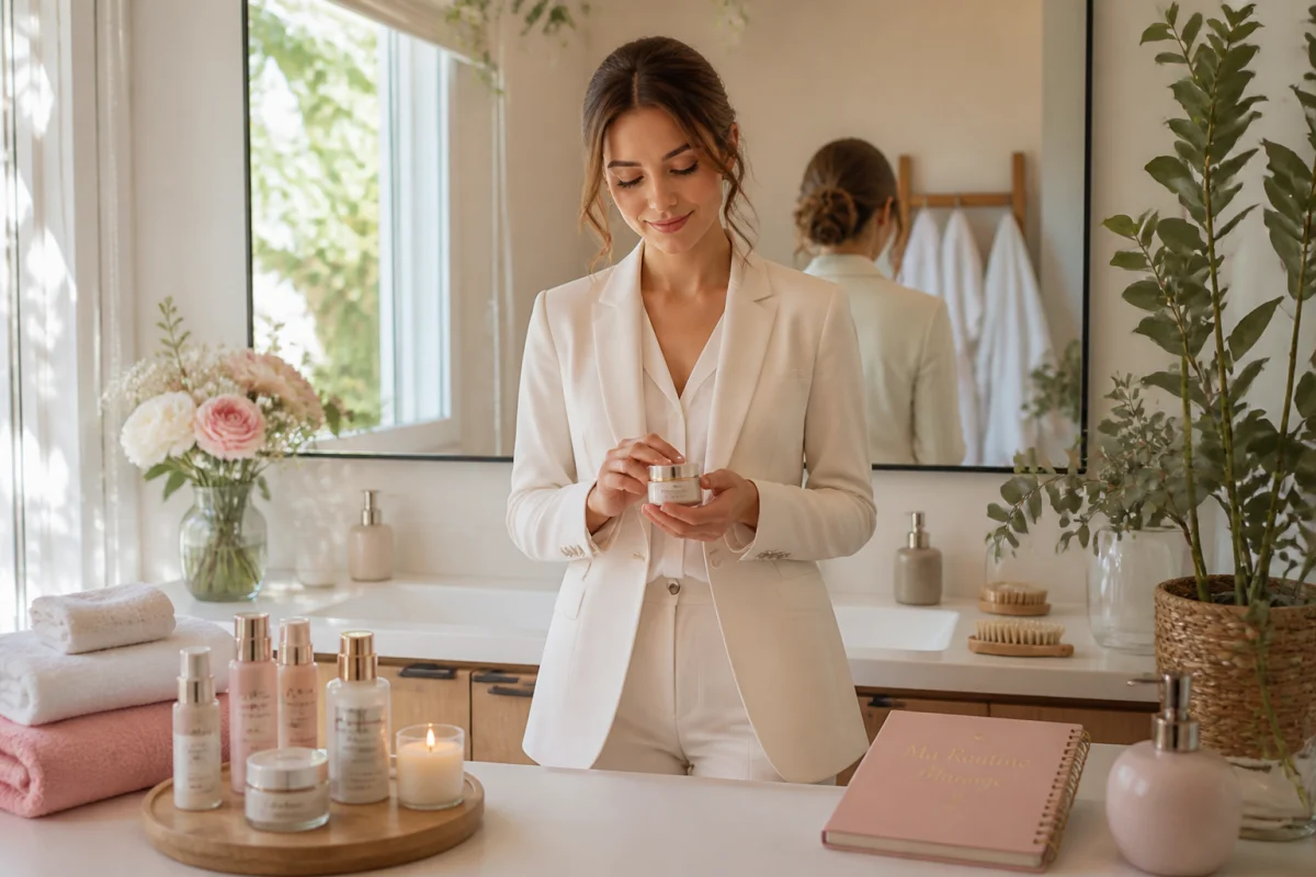 Future mariée en peignoir blanc réalisant un soin beauté avant mariage dans une salle de bain lumineuse et apaisante