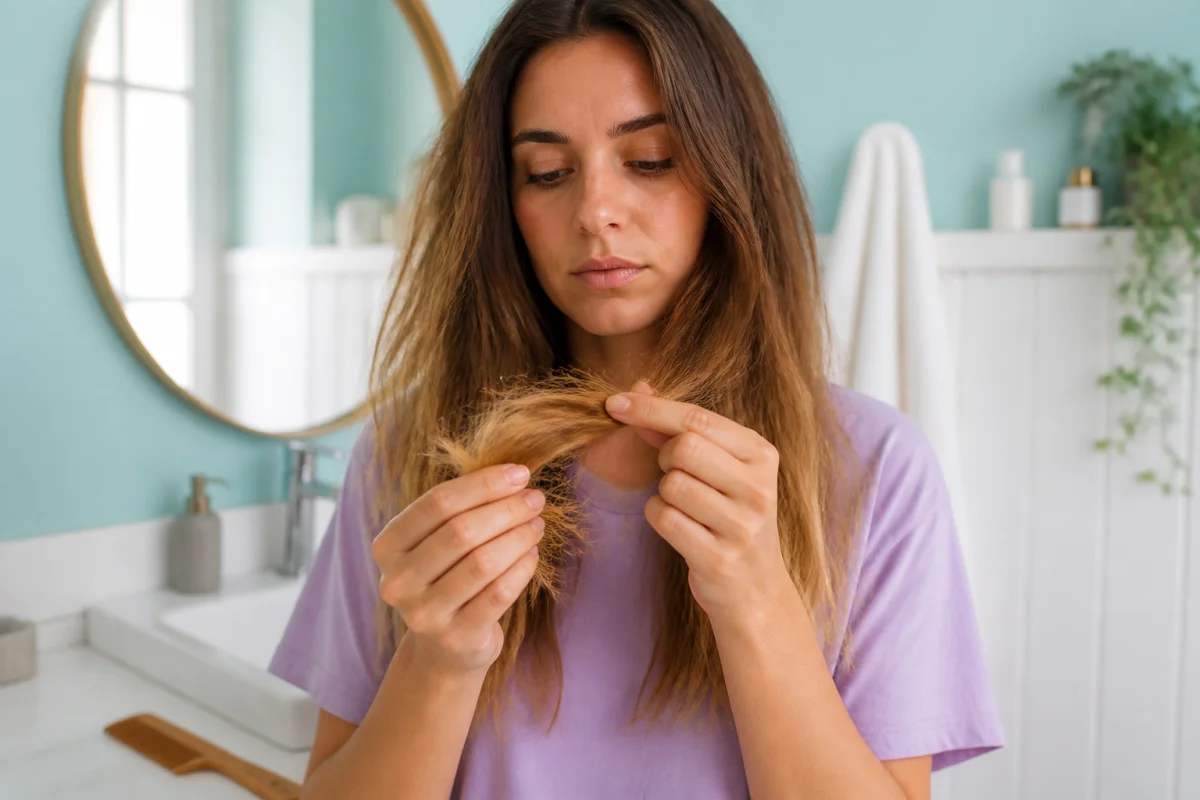 Jeune adulte observant ses cheveux secs et fourchus dans une salle de bain, illustrant les soins capillaires pour cheveux abîmés