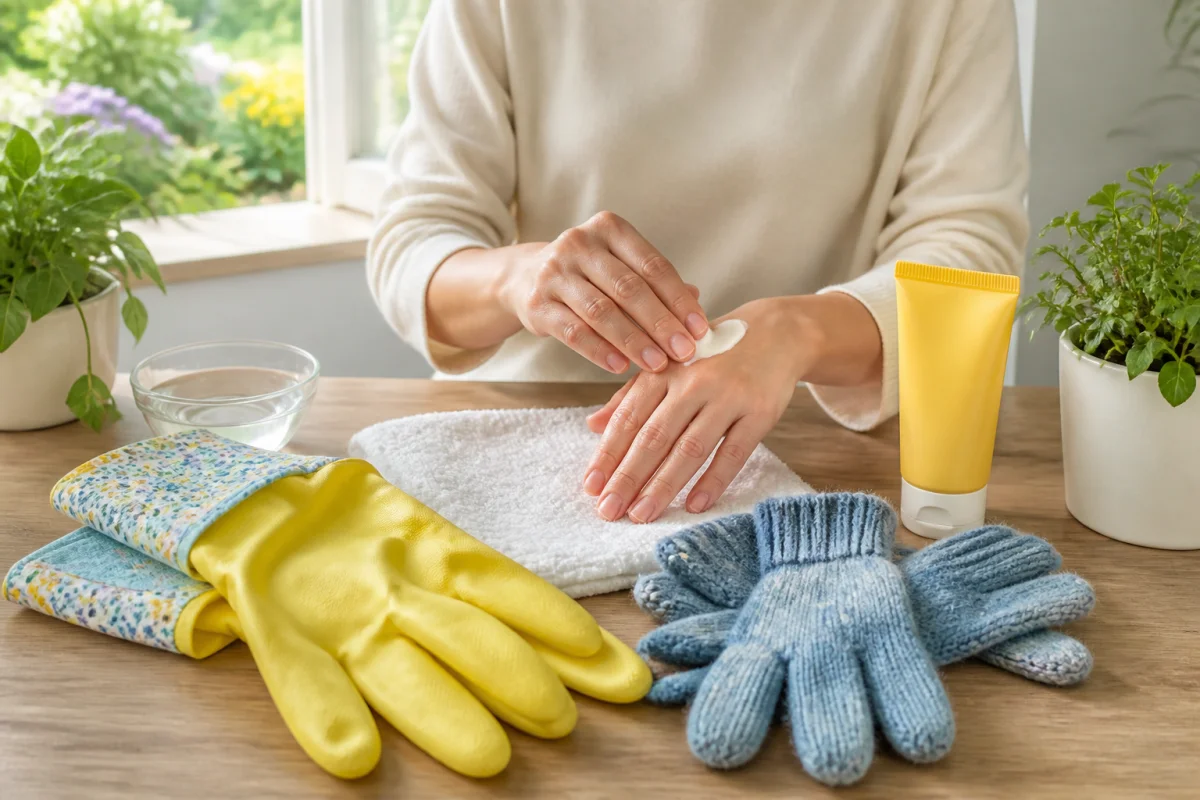Soins des mains naturelles : mains protégées par des gants ménagers et chauds, crème solaire et produits doux