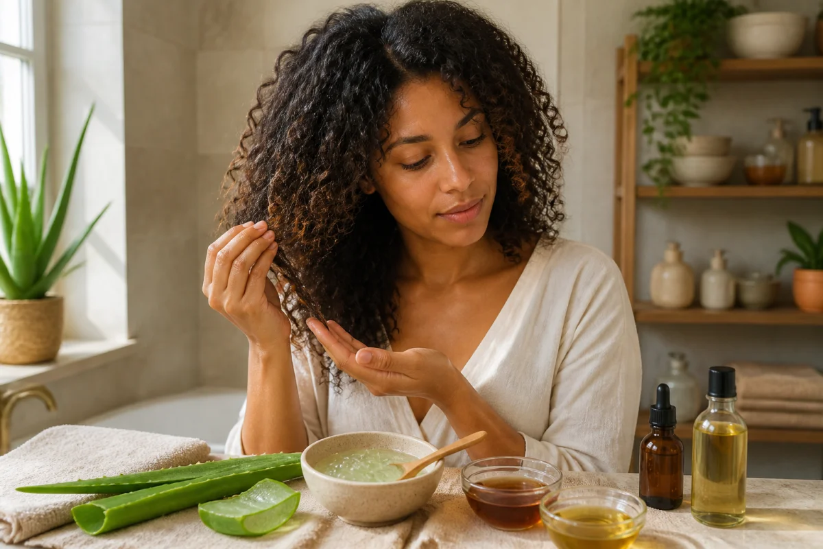 Femme aux cheveux bouclés hydratés préparant une routine de soins naturels avec aloe vera et huiles végétales