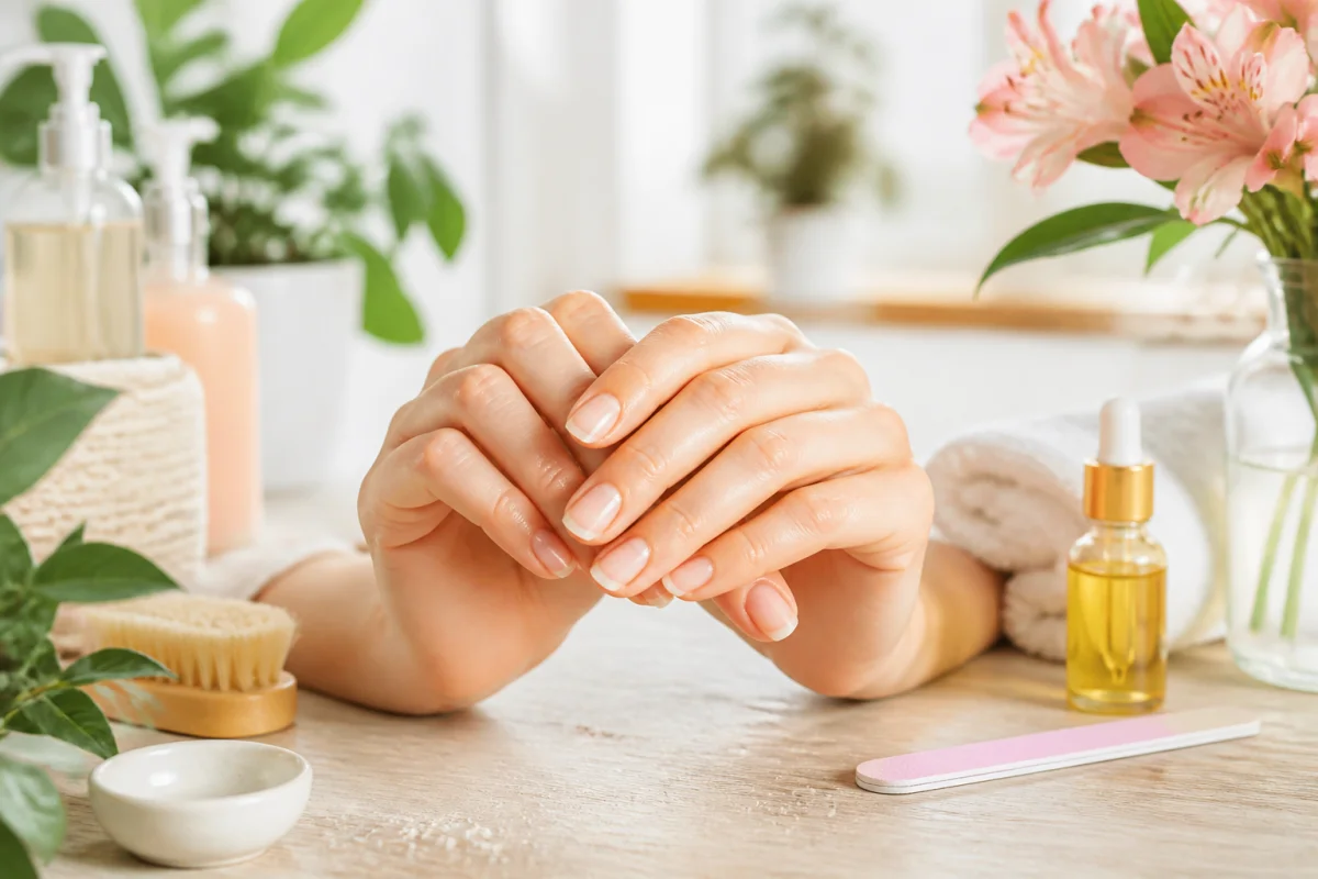 Mains aux ongles naturels soigneusement entretenus, entourées de produits de soins des ongles naturels et de plantes vertes