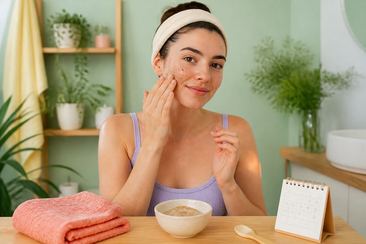 Soins du visage naturels : personne adulte appliquant délicatement un exfoliant doux sur sa joue