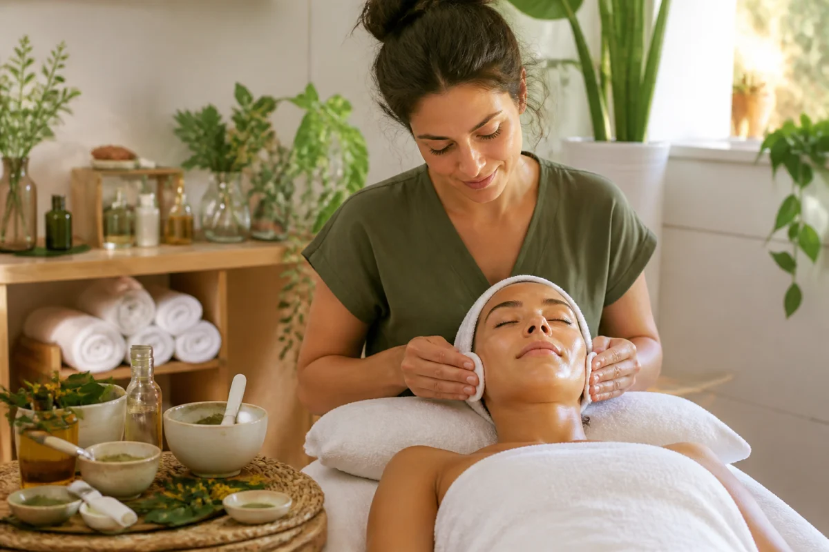 Praticienne réalisant un soin du visage naturel personnalisé sur une cliente détendue dans une cabine lumineuse