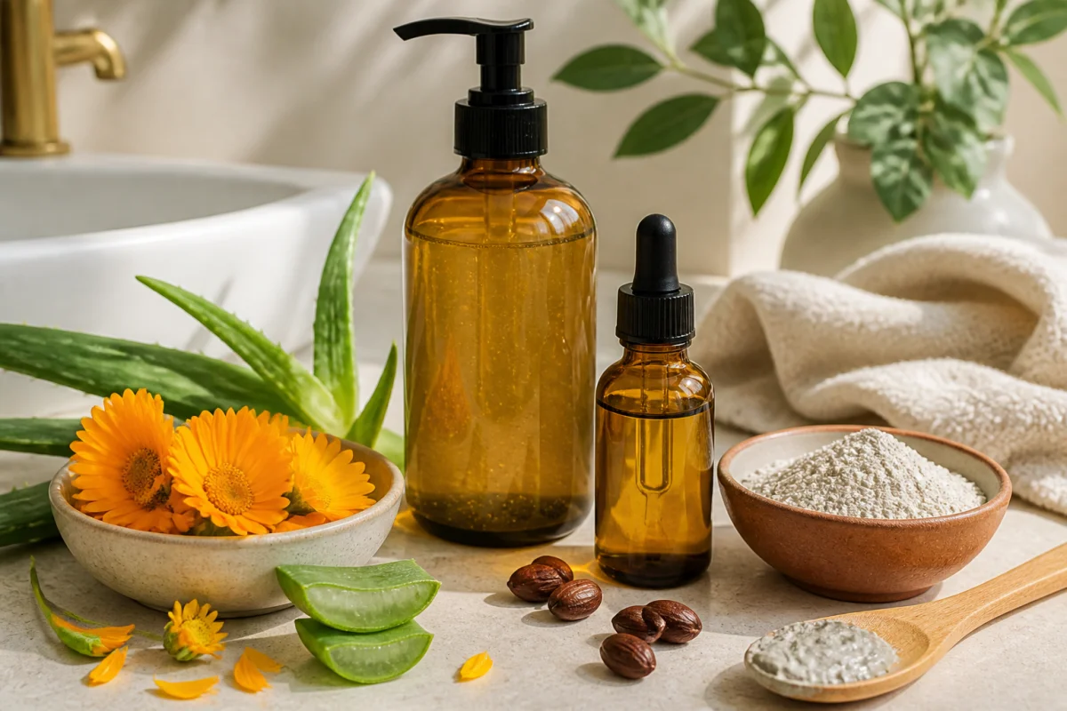 Soins visage naturels avec aloe vera, huile de jojoba, fleurs de calendula et argile blanche dans une salle de bain lumineuse