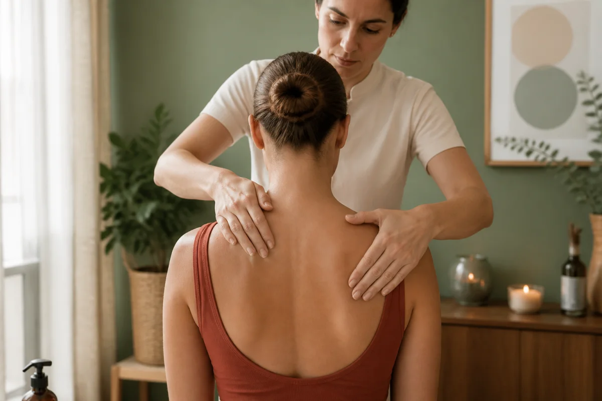 Techniques de massage du dos ciblant la nuque, les épaules et les omoplates dans un cabinet de bien-être serein