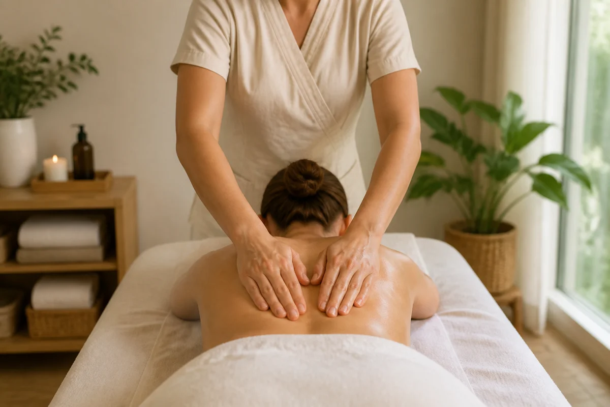 Techniques de massage du dos : massage doux des lombaires dans un cabinet professionnel apaisant