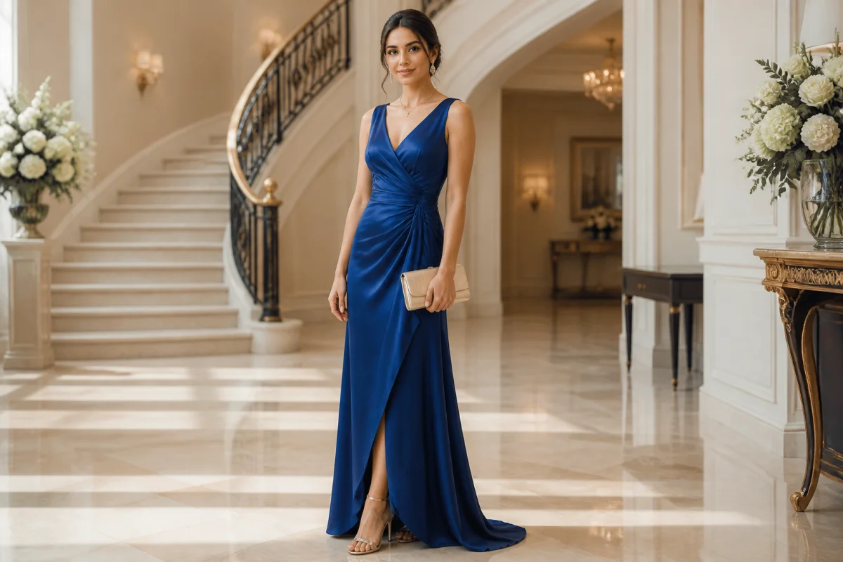 Femme élégante en robe longue bleu saphir, accessoires raffinés, dans un hôtel chic pour un mariage formel