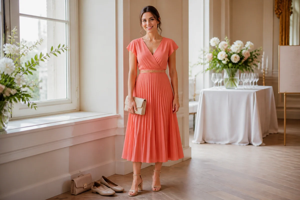 Quelle tenue porter pour un mariage : invitée élégante en robe corail, accessoires dorés, talons moyens et ballerines de rechange